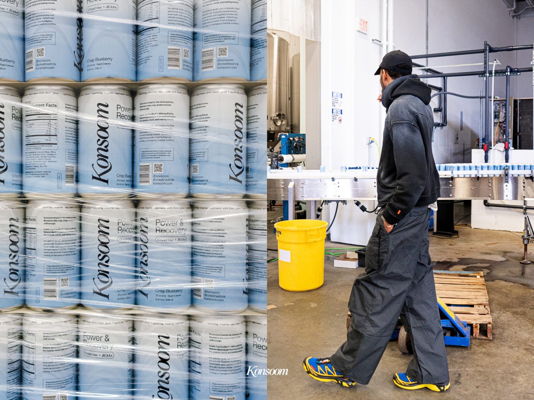 Konsoom production line: stacked Crisp Blueberry cans and founder on the canning line